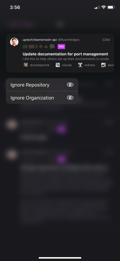 Screenshot of iOS screens after long pressing, which opens a menu to ignore organizations and repositories.